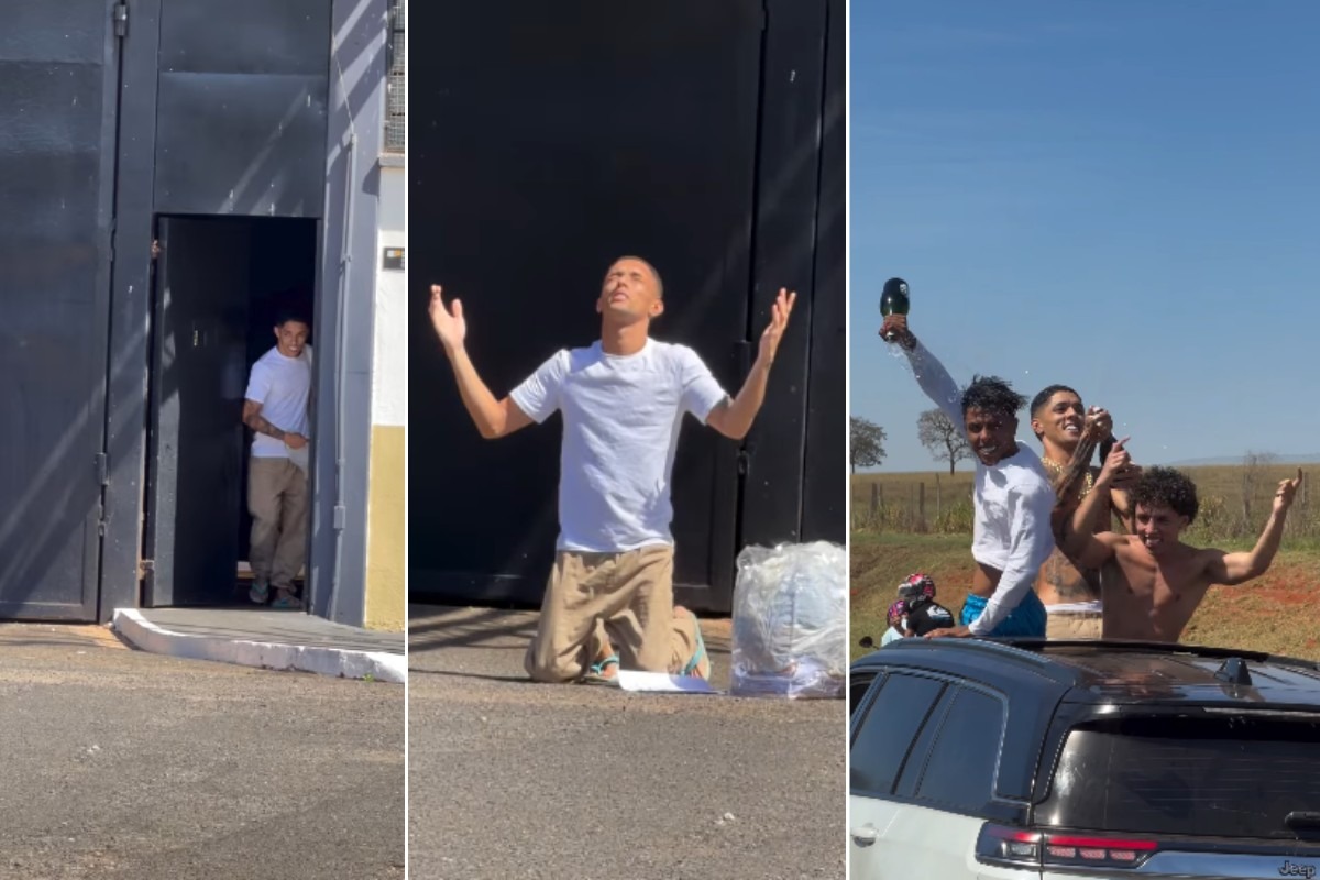 Influenciador Buzeira deixa prisão após dez meses, ajoelha em frente ao presídio e comemora soltura com amigos